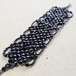Antique Victorain‎ Black Faceted Jet Beaded Wide Cuff Bracelet Fold Over Clasp